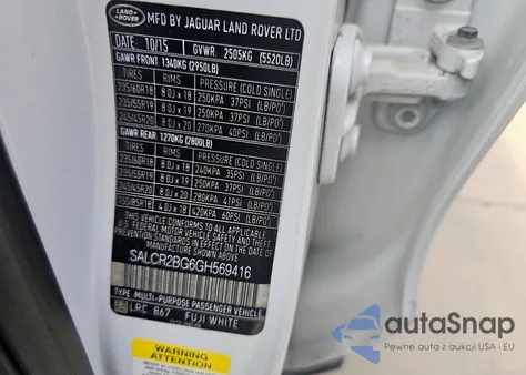 2016 Land Rover Discovery Sport Hse z USA, uszkodzony, nr VIN SALCR2BG6GH569416